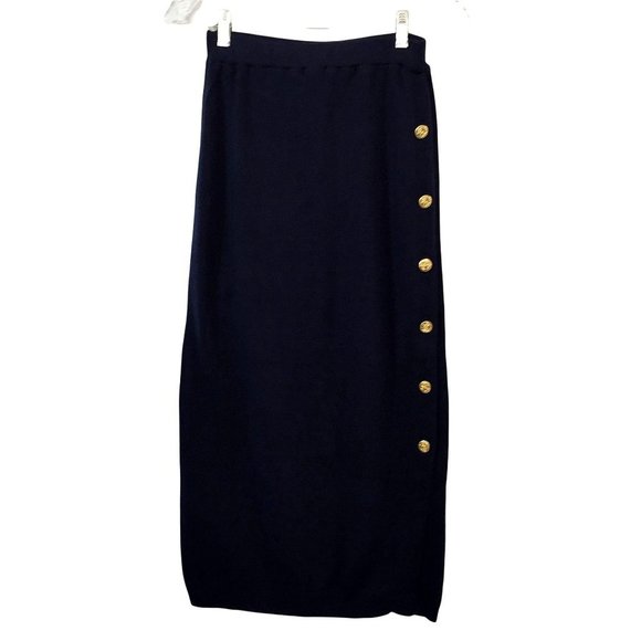 Vintage 80s Pencil Maxi Skirt Small Navy Stretch Elastic Waist Anchor Buttons US - Picture 5 of 8